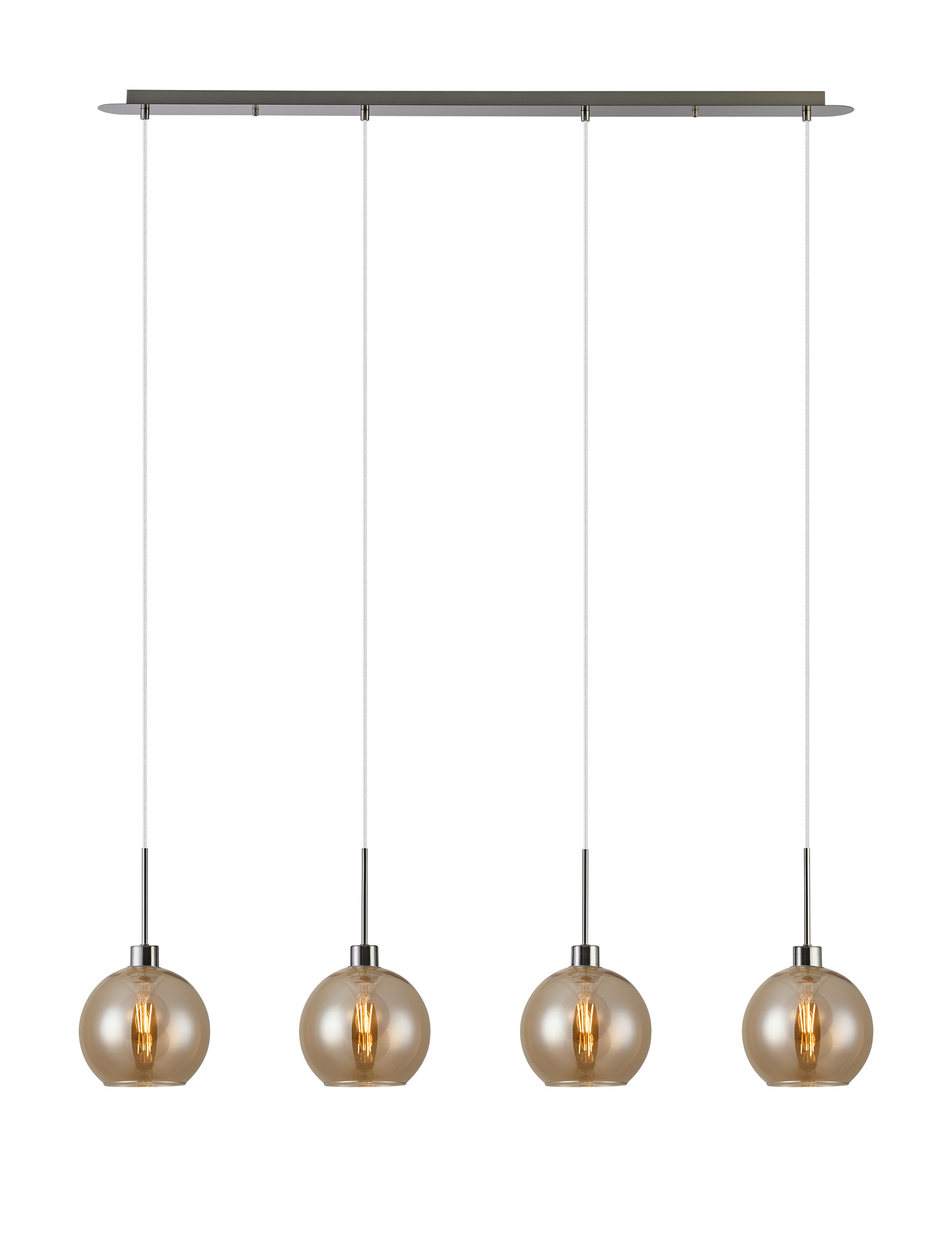 DK1406  Lori Linear Pendant, 4 Light Adjustable E27, Satin Nickel/Amber Open Mouth Round Globe Shades